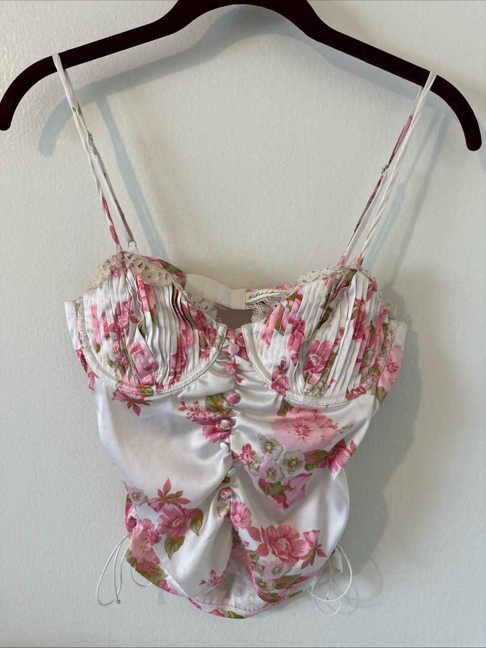 For Love and Lemons White Satin Floral Bustier with Pink Roses